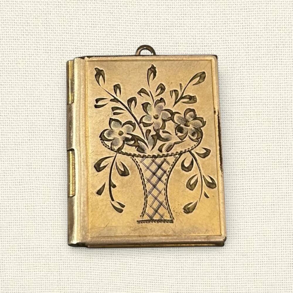 Vintage Gold Tone Book Locket: Floral Engraved Keepsake Pendant